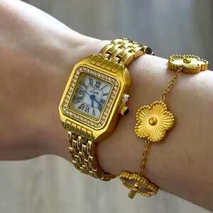 Panthere Classic Rectangle Gold Crystal Watch